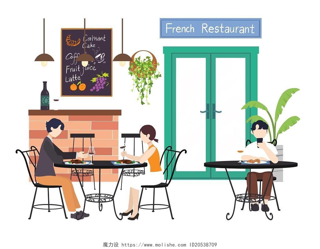 手绘卡通扁平餐厅人物元素原创插画海报